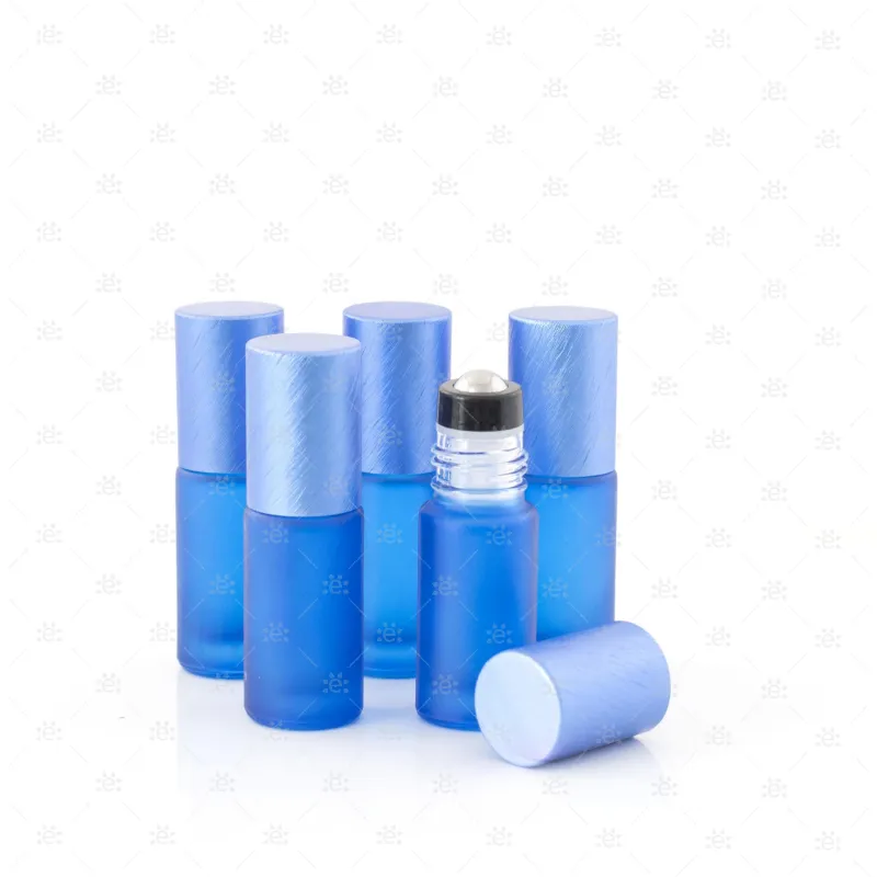 Deluxe Frosted 5ml Blue Roller Bottles with Blue Metallic Caps & Premium Rollers (5 pack)