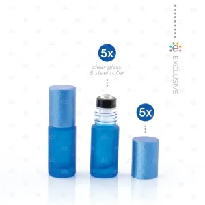 Deluxe Frosted 5ml Blue Roller Bottles with Blue Metallic Caps & Premium Rollers (5 pack)