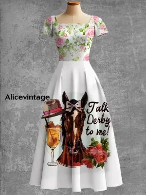Derby Art Print Short Sleeve Vintage Elegant Dress Derby Dress