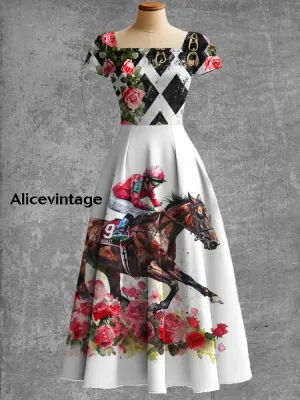 Derby Art Print Short Sleeve Vintage Elegant Dress Derby Dress
