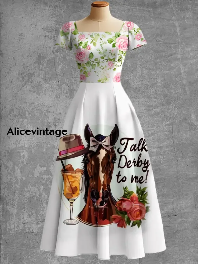 Derby Art Print Short Sleeve Vintage Elegant Dress Derby Dress