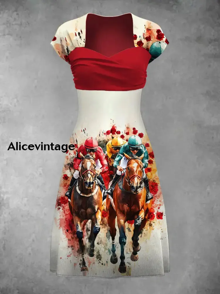 Derby Art Print Short Sleeve Vintage Midi Dress Derby Dress