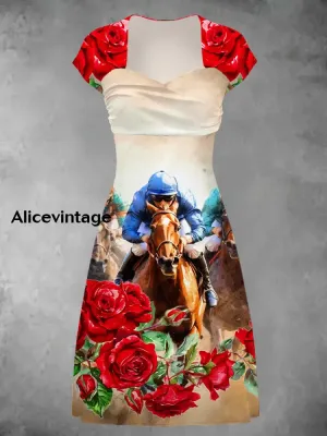 Derby Art Print Short Sleeve Vintage Midi Dress Derby Dress
