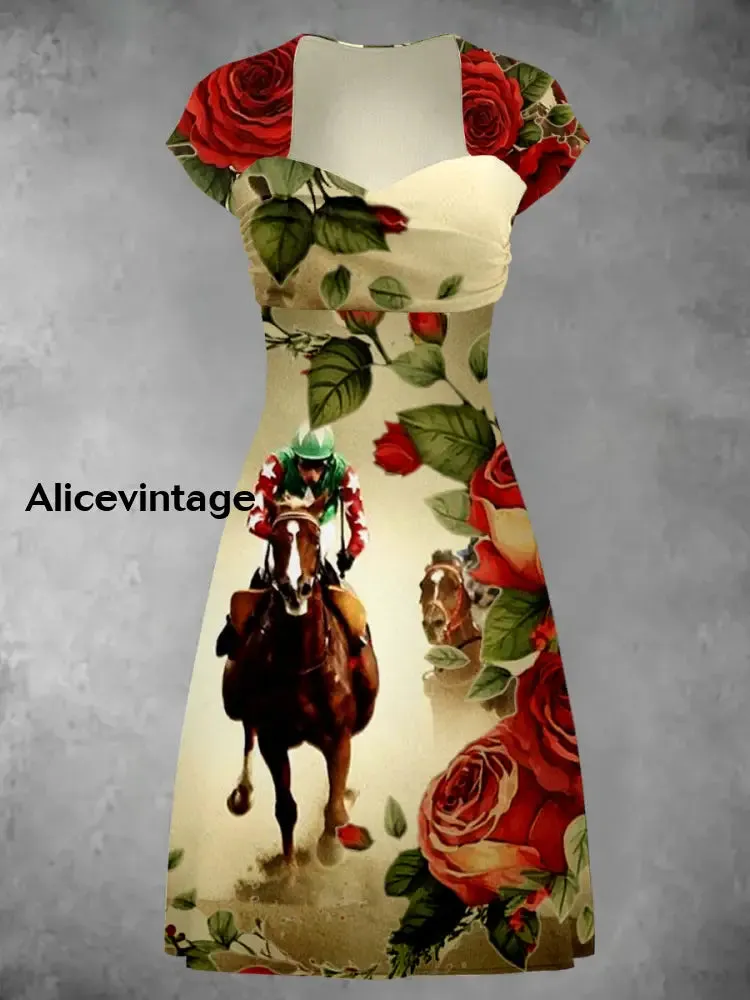 Derby Art Print Short Sleeve Vintage Midi Dress Derby Dress