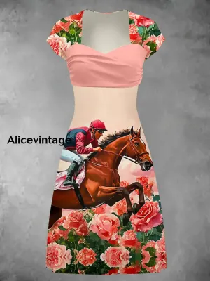 Derby Art Print Short Sleeve Vintage Midi Dress Derby Dress