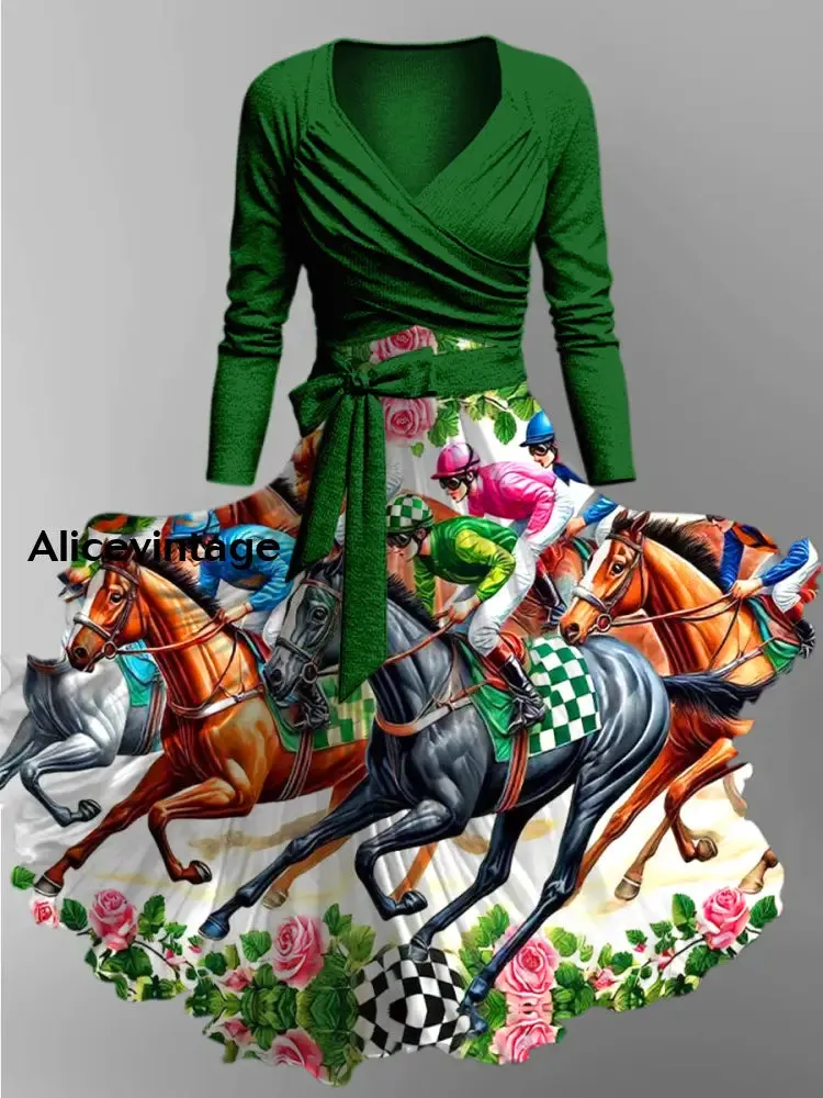Derby Art Print V-Neck Long Sleeve Vintage Two-Piece Dress Derby Dress