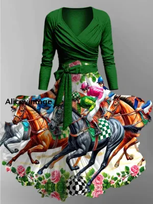 Derby Art Print V-Neck Long Sleeve Vintage Two-Piece Dress Derby Dress