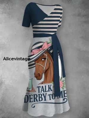 Derby Art Print V-Neck Short Sleeve Vintage Dress Derby Dress