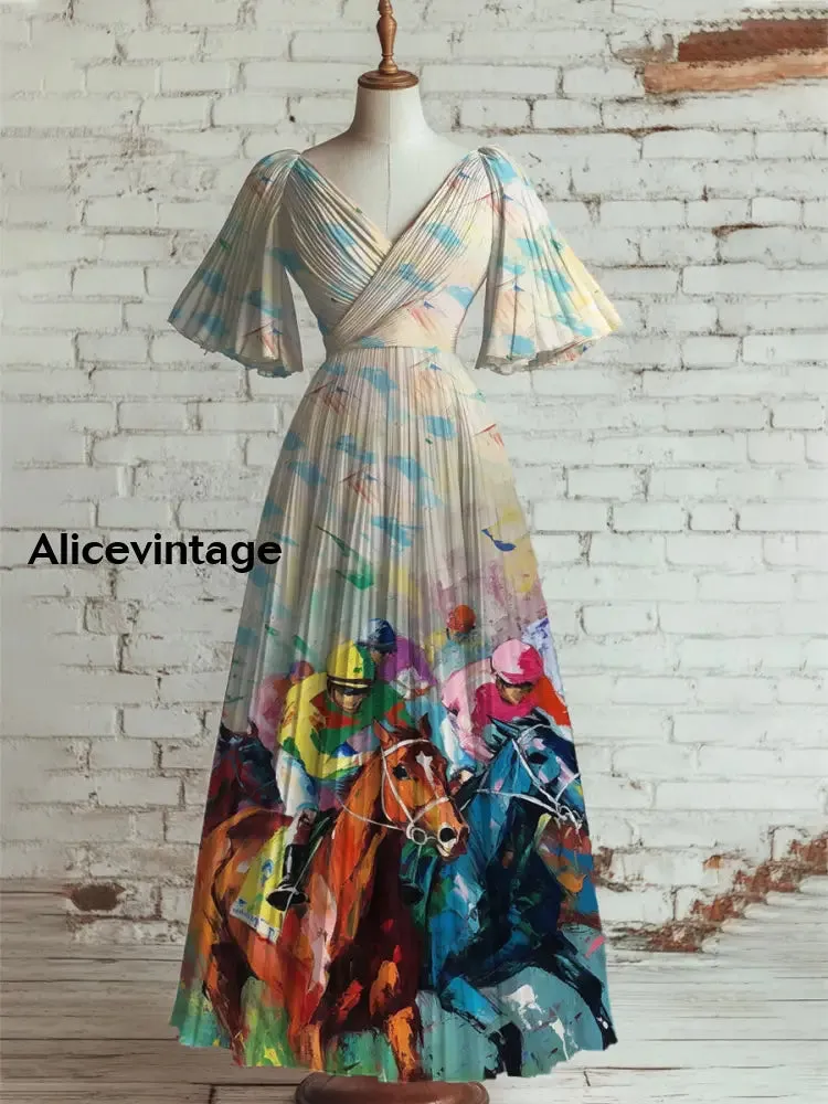 Derby Art Print V-Neck Short Sleeve Vintage Elegant Dress Derby Dress