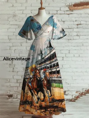 Derby Art Print V-Neck Short Sleeve Vintage Elegant Dress Derby Dress