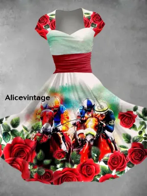 Derby Art Print V-Neck Short Sleeve Vintage Midi Dress Derby Dress
