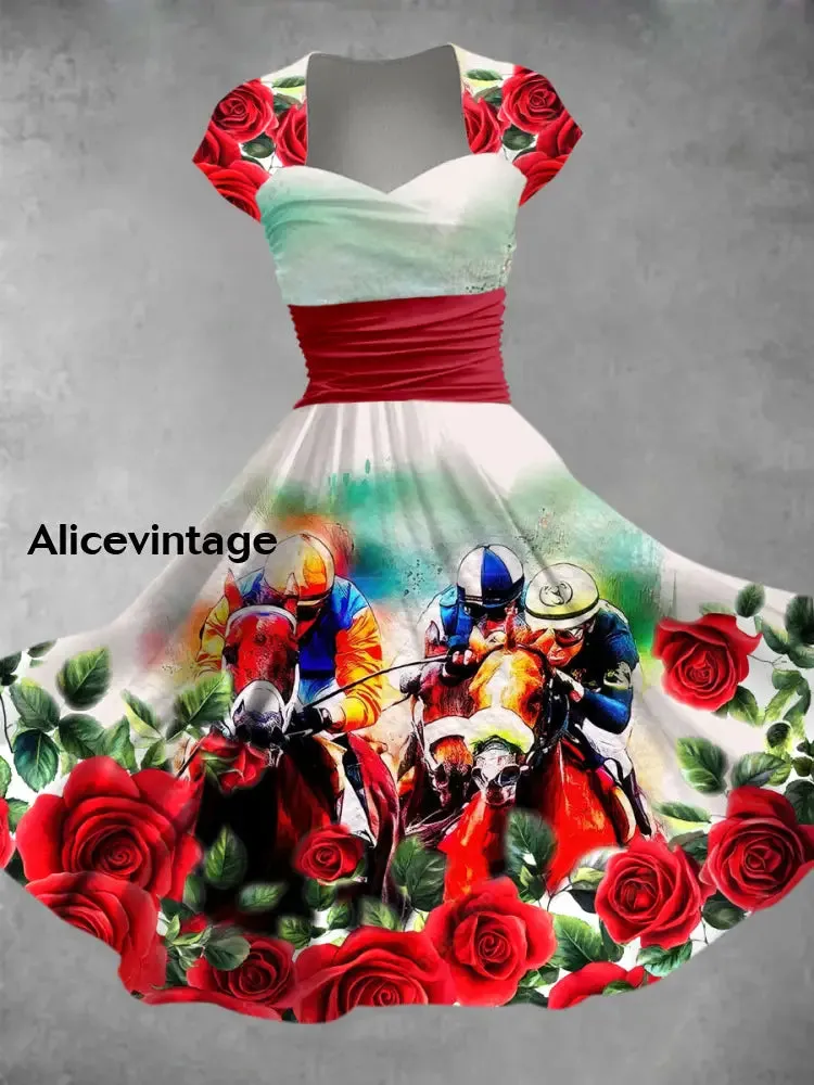 Derby Art Print V-Neck Short Sleeve Vintage Midi Dress Derby Dress