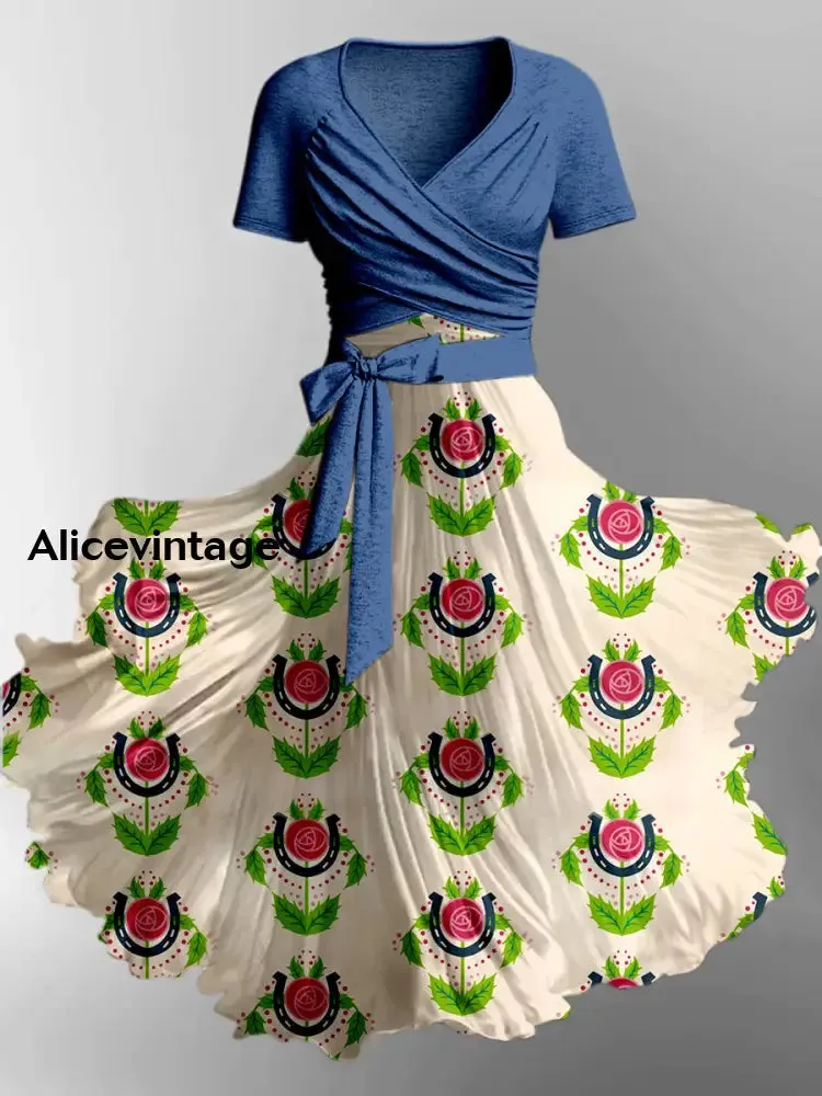 Derby Art Print V-Neck Short Sleeve Vintage Two-Piece Midi Dress Derby Dress