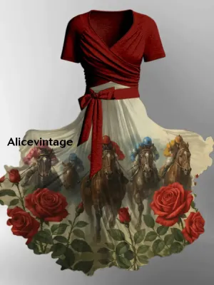 Derby Art Print V-Neck Short Sleeve Vintage Two-Piece Midi Dress Derby Dress