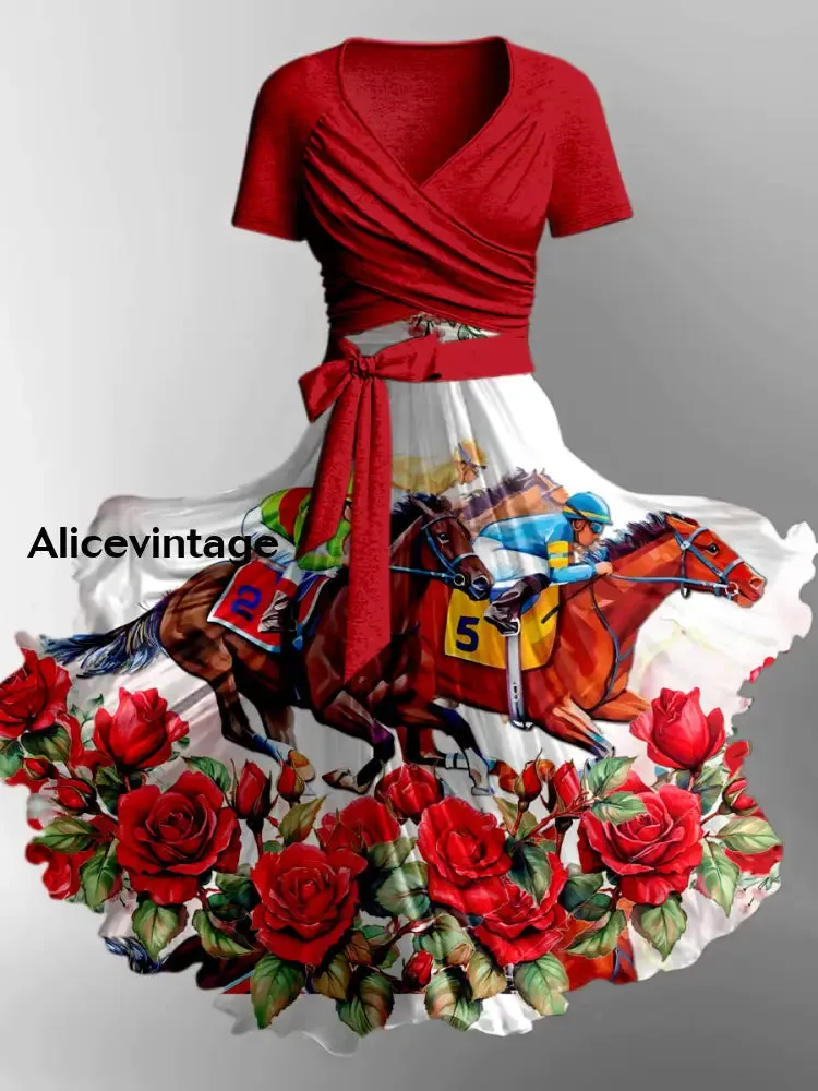 Derby Art Print V-Neck Short Sleeve Vintage Two-Piece Midi Dress Derby Dress