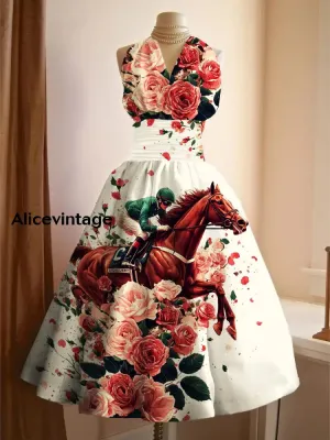 Derby Art Print V-Neck Sleeveless Vintage Elegant Dress Derby Dress