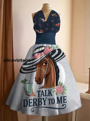 Derby Art Print V-Neck Sleeveless Vintage Elegant Dress Derby Dress