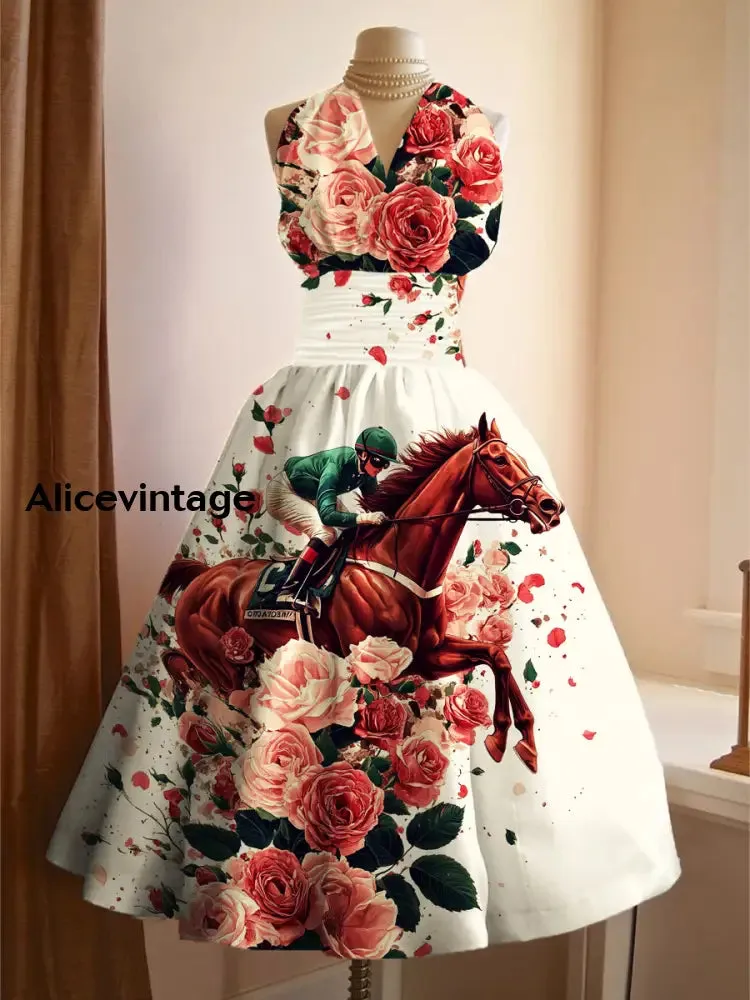 Derby Art Print V-Neck Sleeveless Vintage Elegant Dress Derby Dress