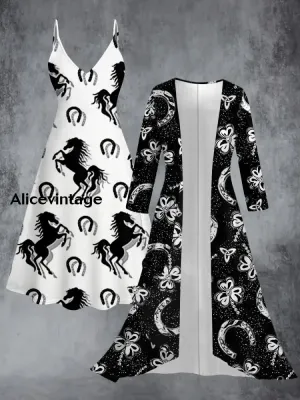 Derby Horse Art Print Vintage Elegant Suspender Dress Two Piece Sets