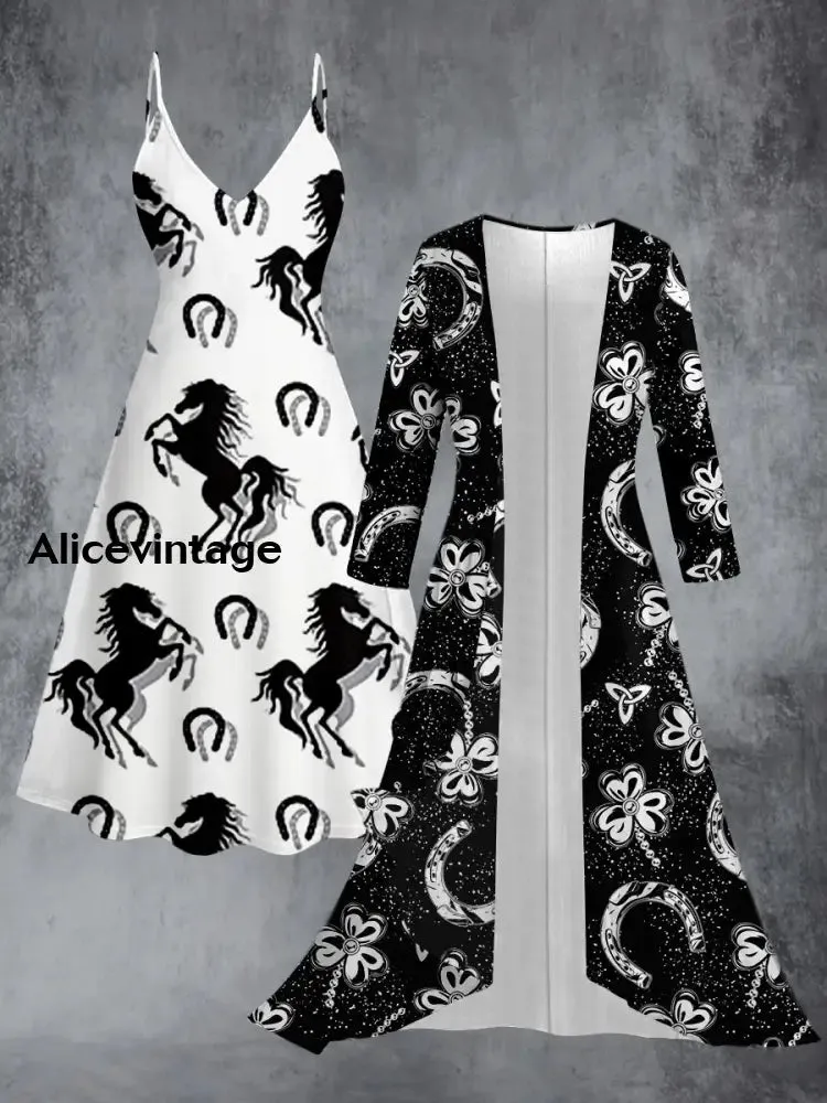 Derby Horse Art Print Vintage Elegant Suspender Dress Two Piece Sets