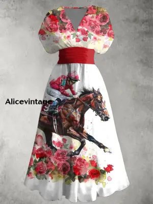 Derby Rose Art Print V-Neck Short Sleeve Vintage Midi Dress Derby Dress