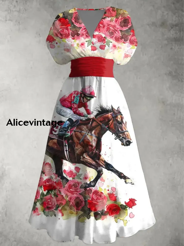 Derby Rose Art Print V-Neck Short Sleeve Vintage Midi Dress Derby Dress