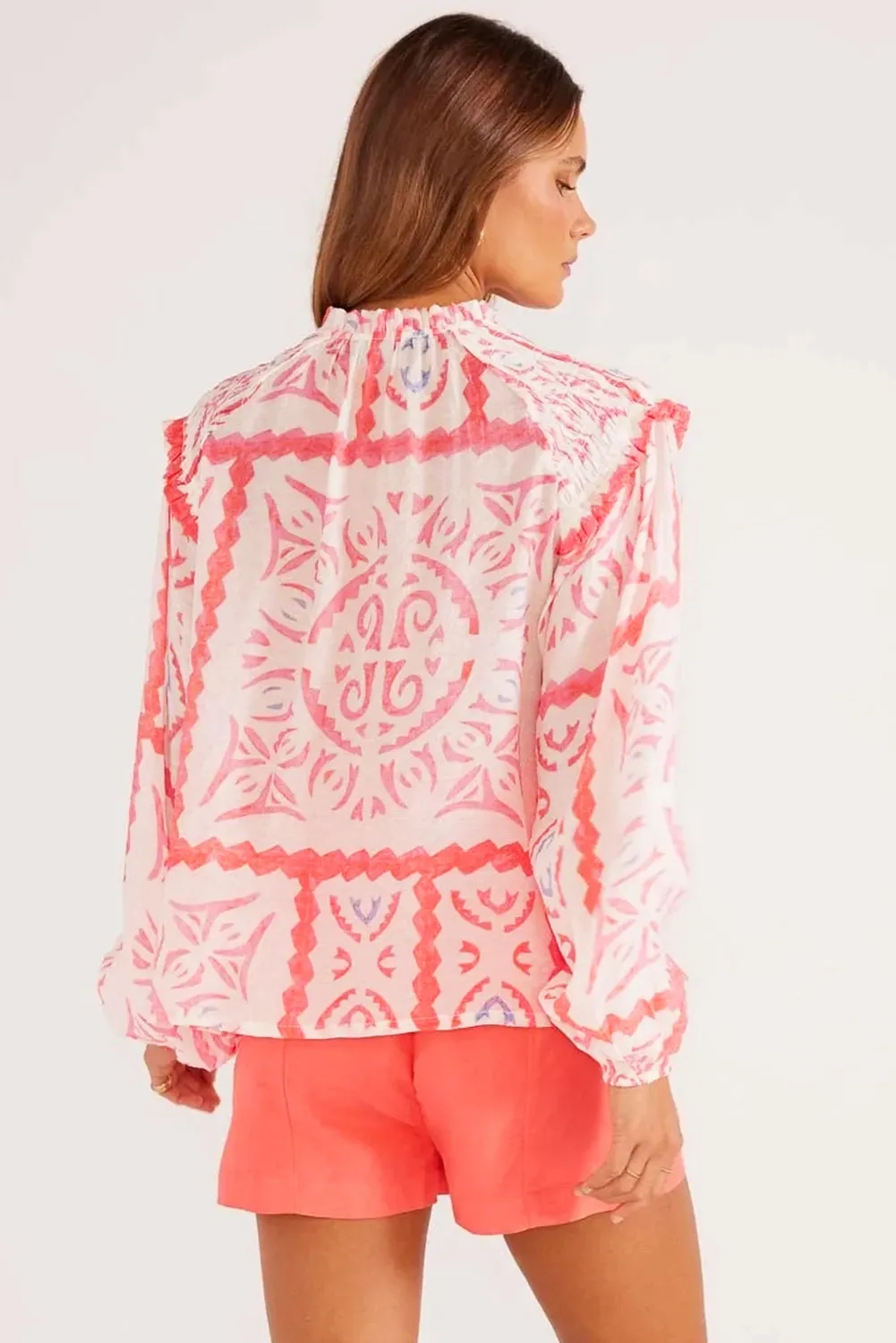 Desert Flower Vintage Print Smocked Poet Collar Billowy Blouson Sleeves Blouse