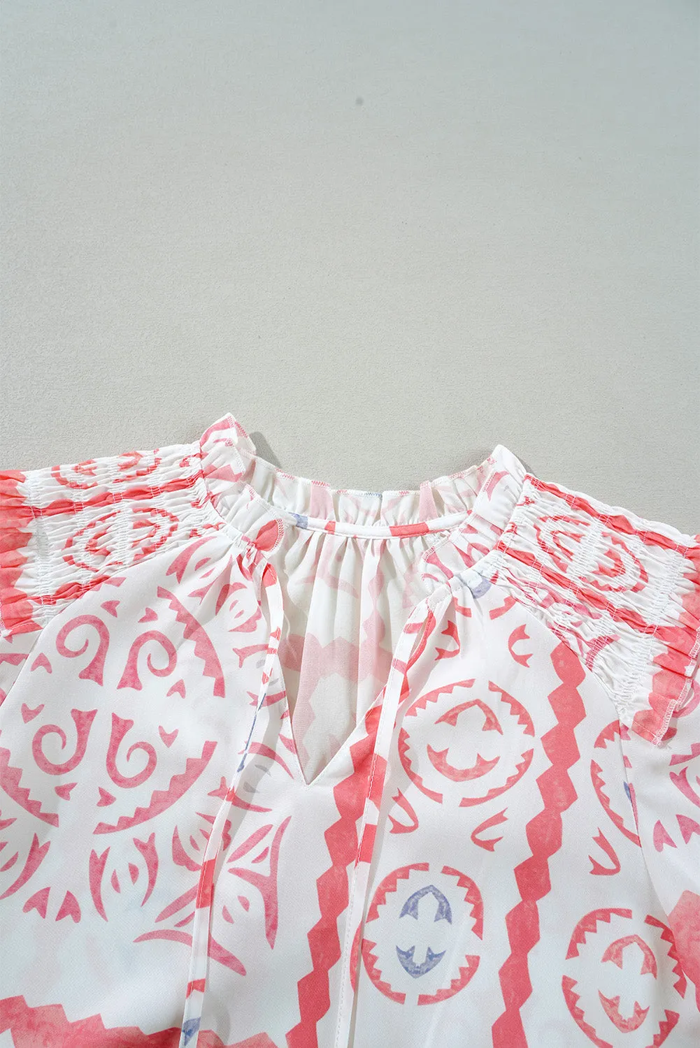 Desert Flower Vintage Print Smocked Poet Collar Billowy Blouson Sleeves Blouse