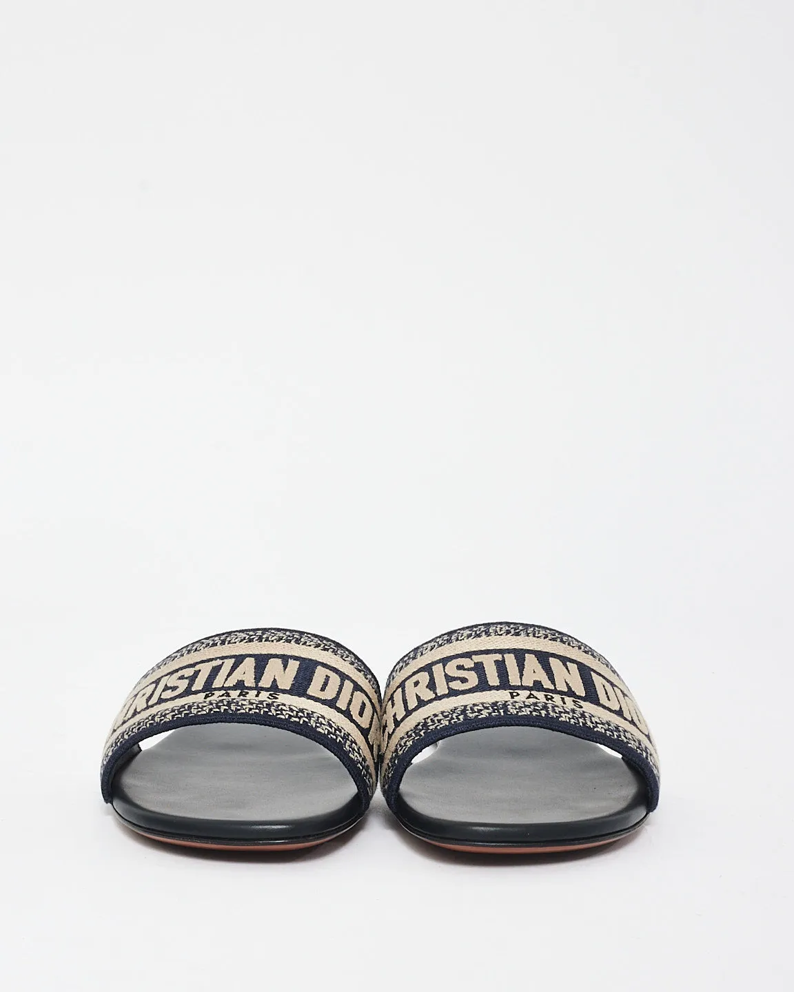 Dior Navy Blue & Cream Embroidered Cotton D WAY Slides - 41