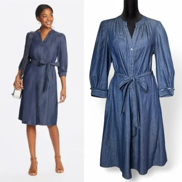 Draper James Chambray 100% Cotton Belted Shirt Dress Preppy Business Casual 8