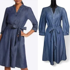 Draper James Chambray 100% Cotton Belted Shirt Dress Preppy Business Casual 8