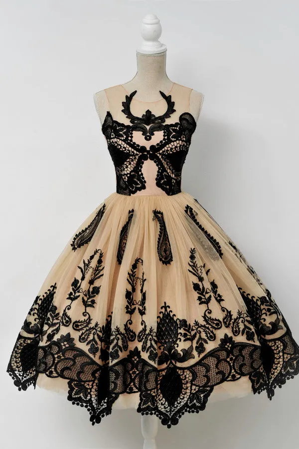 Elegant A-Line Scoop Sleeveless Tulle Vintage Style Homecoming Dresses With Black Lace OK465