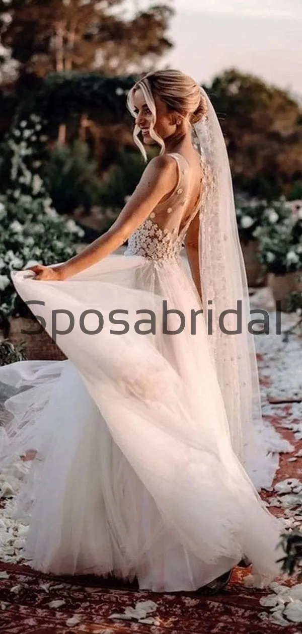 Elegant A-Line V Neck Tulle Long Beach Wedding Dresses With Appliques WD0541