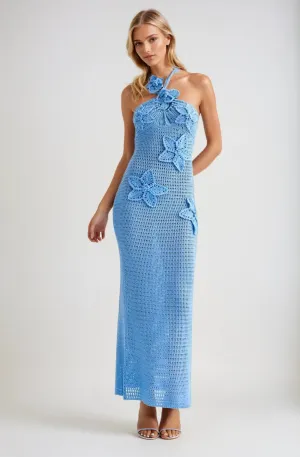 Elegant Blue Kiara Crochet Maxi Dress