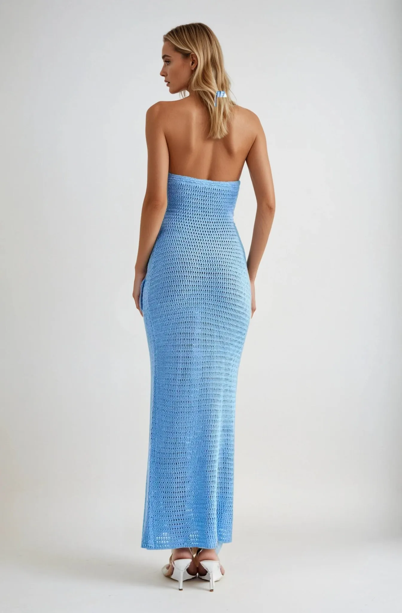 Elegant Blue Kiara Crochet Maxi Dress