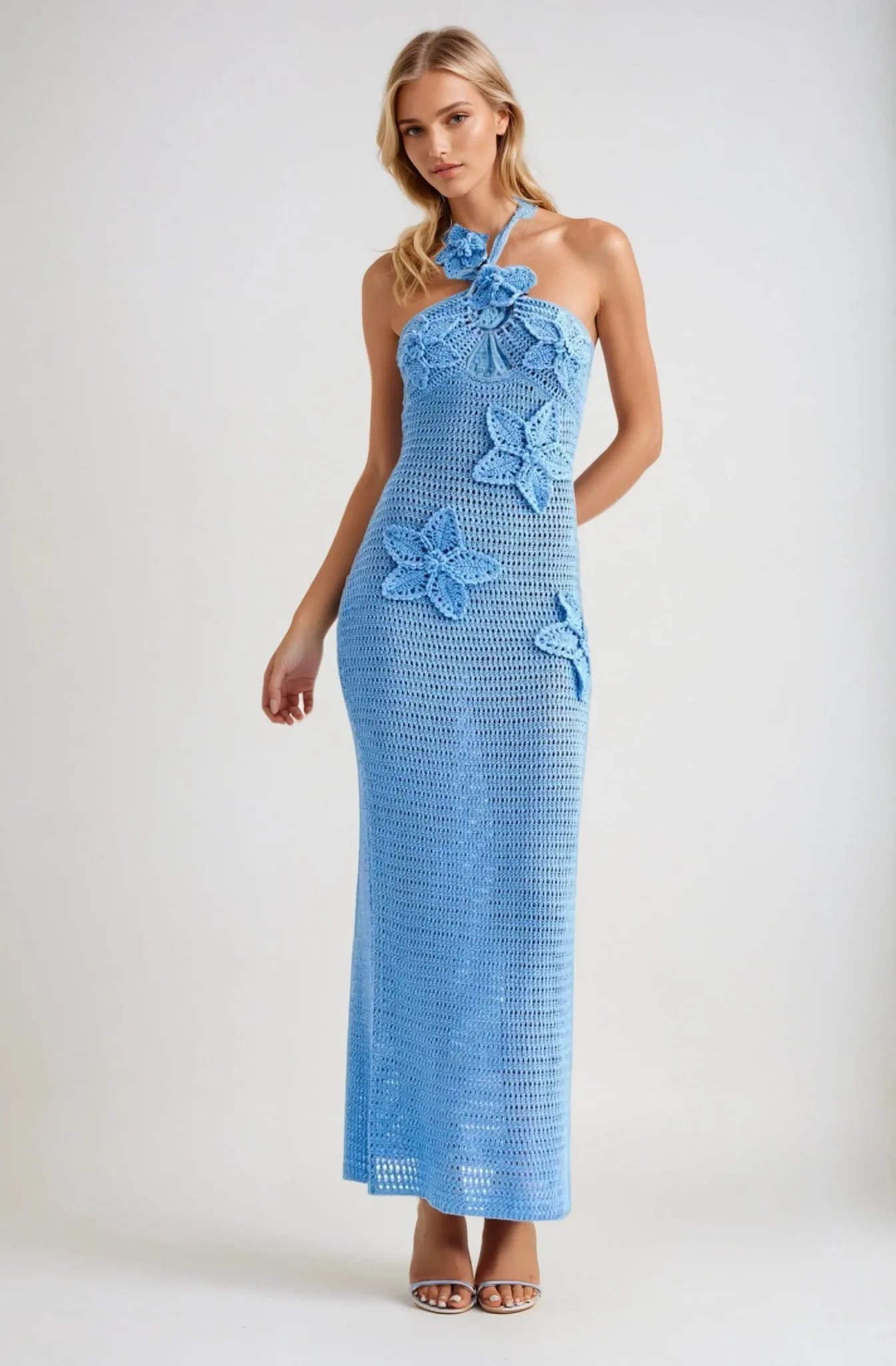 Elegant Blue Kiara Crochet Maxi Dress