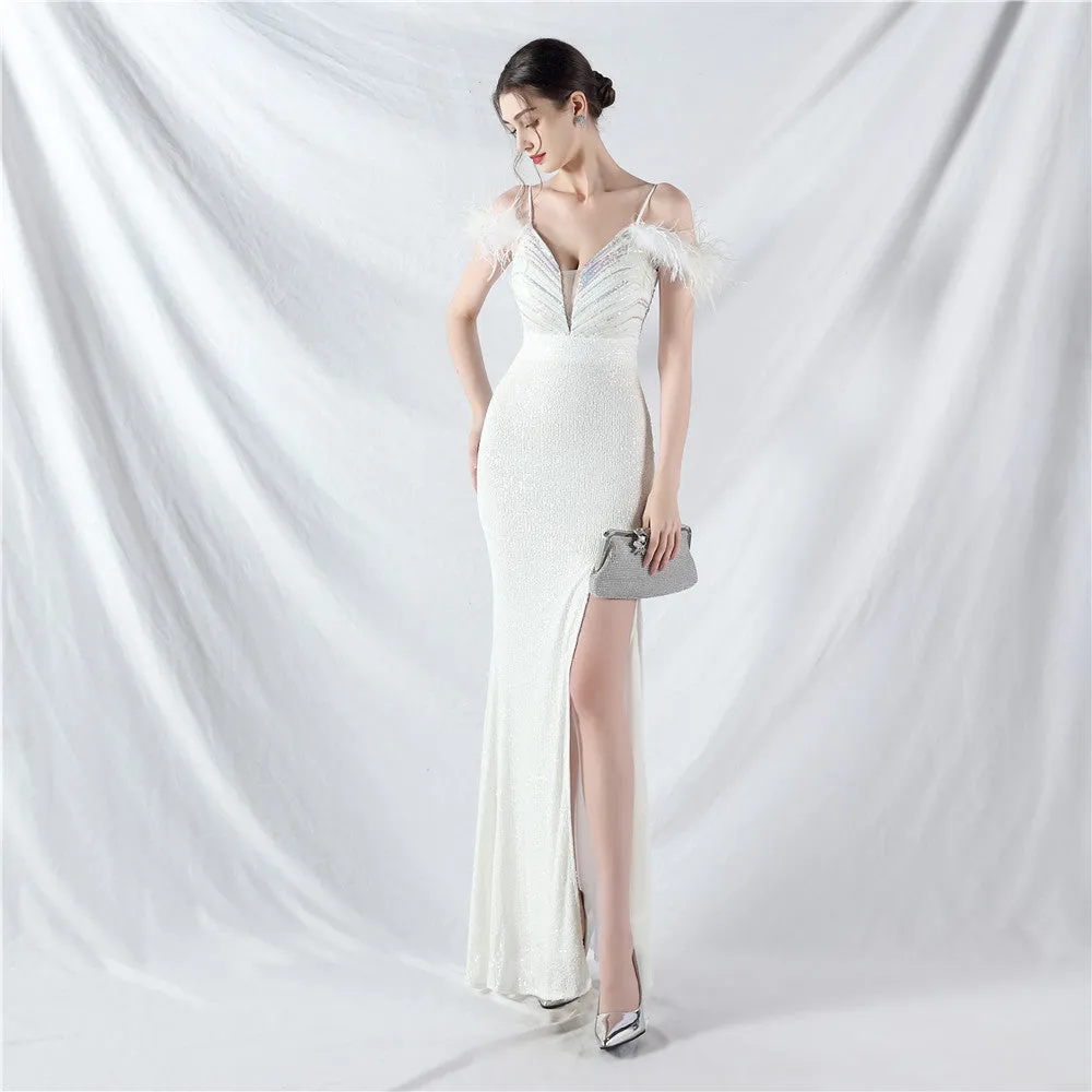 Elegant Ostrich Feather Sequin Evening Dress
