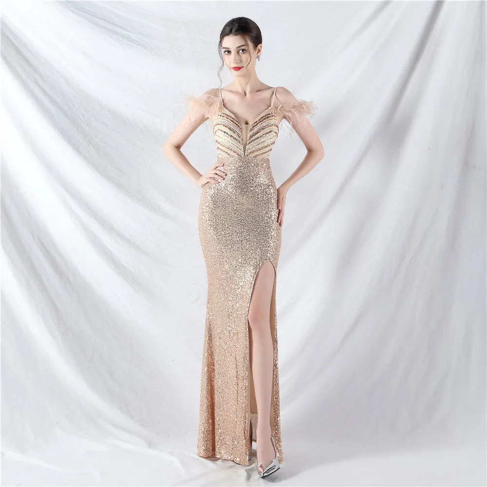 Elegant Ostrich Feather Sequin Evening Dress
