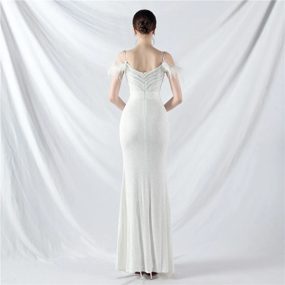 Elegant Ostrich Feather Sequin Evening Dress
