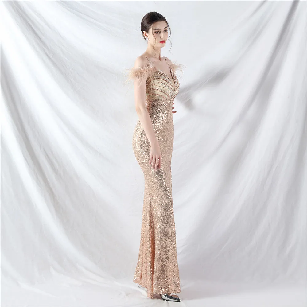 Elegant Ostrich Feather Sequin Evening Dress