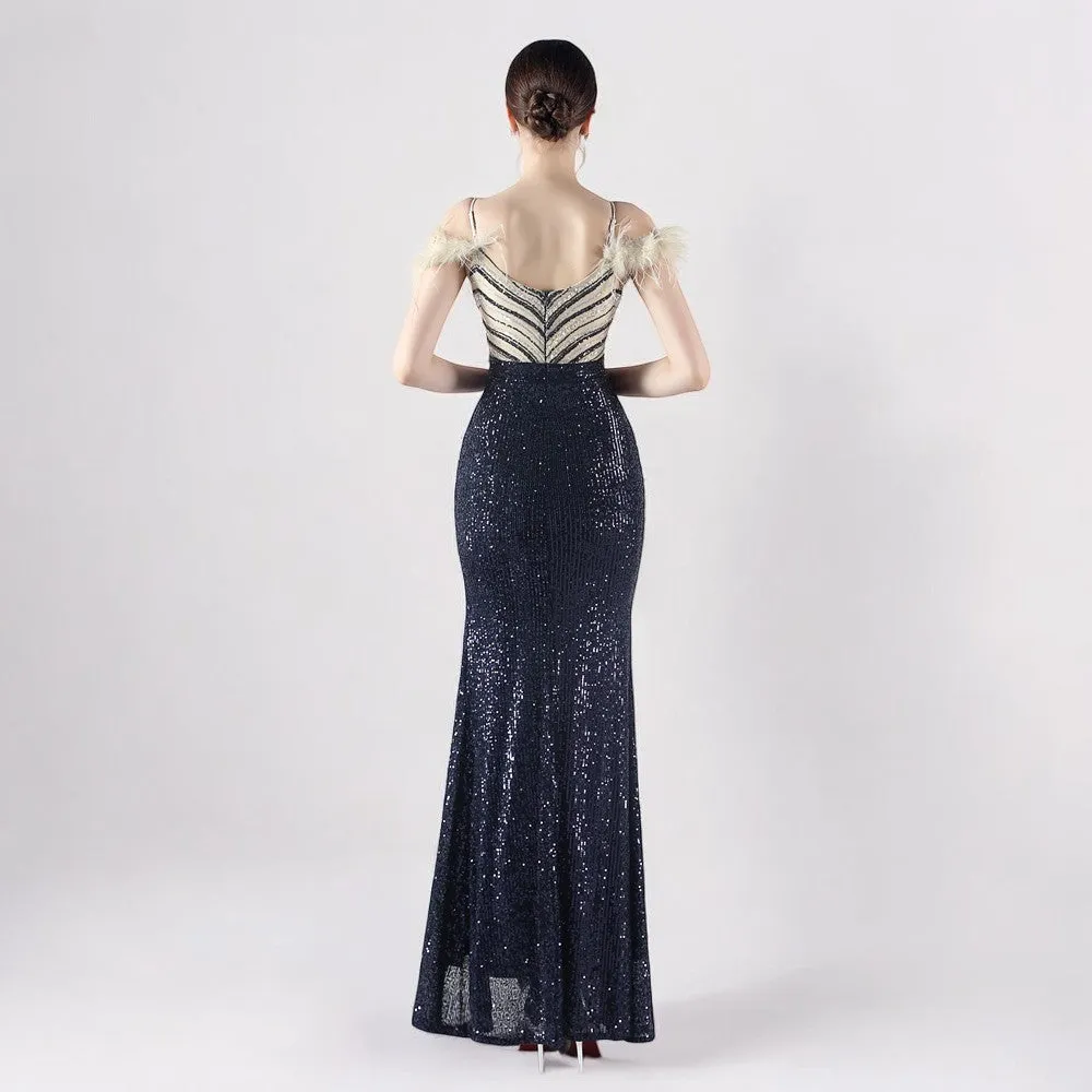 Elegant Ostrich Feather Sequin Evening Dress