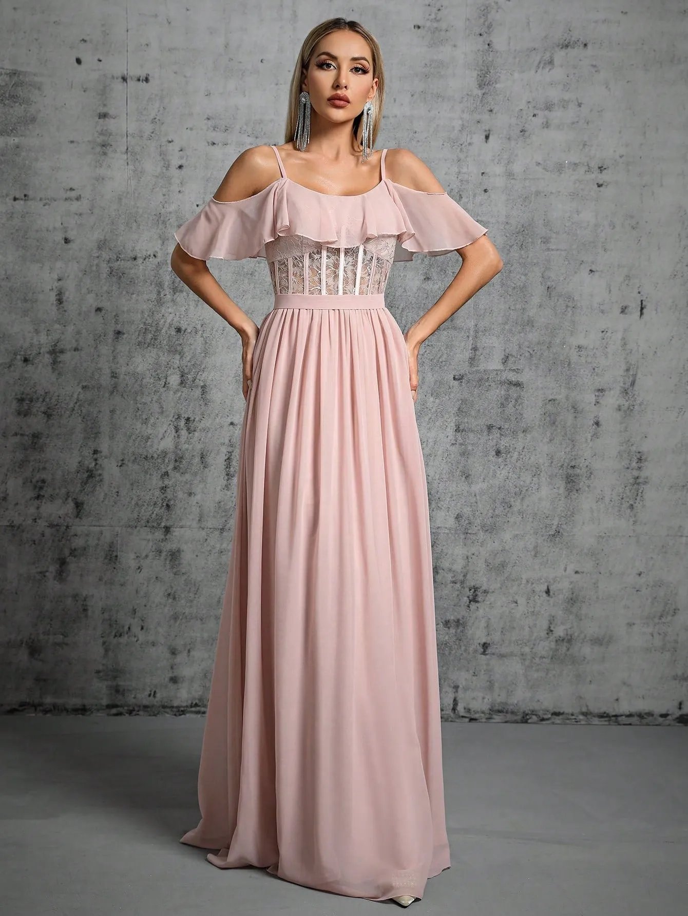 Elegant Ruffle Backless Strap Pink Evening Dress
