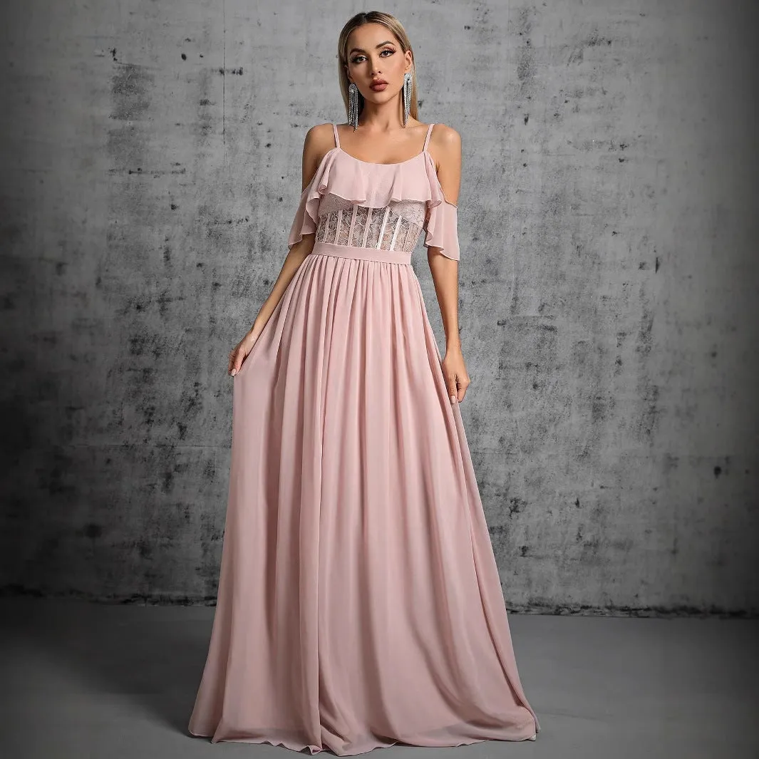 Elegant Ruffle Backless Strap Pink Evening Dress