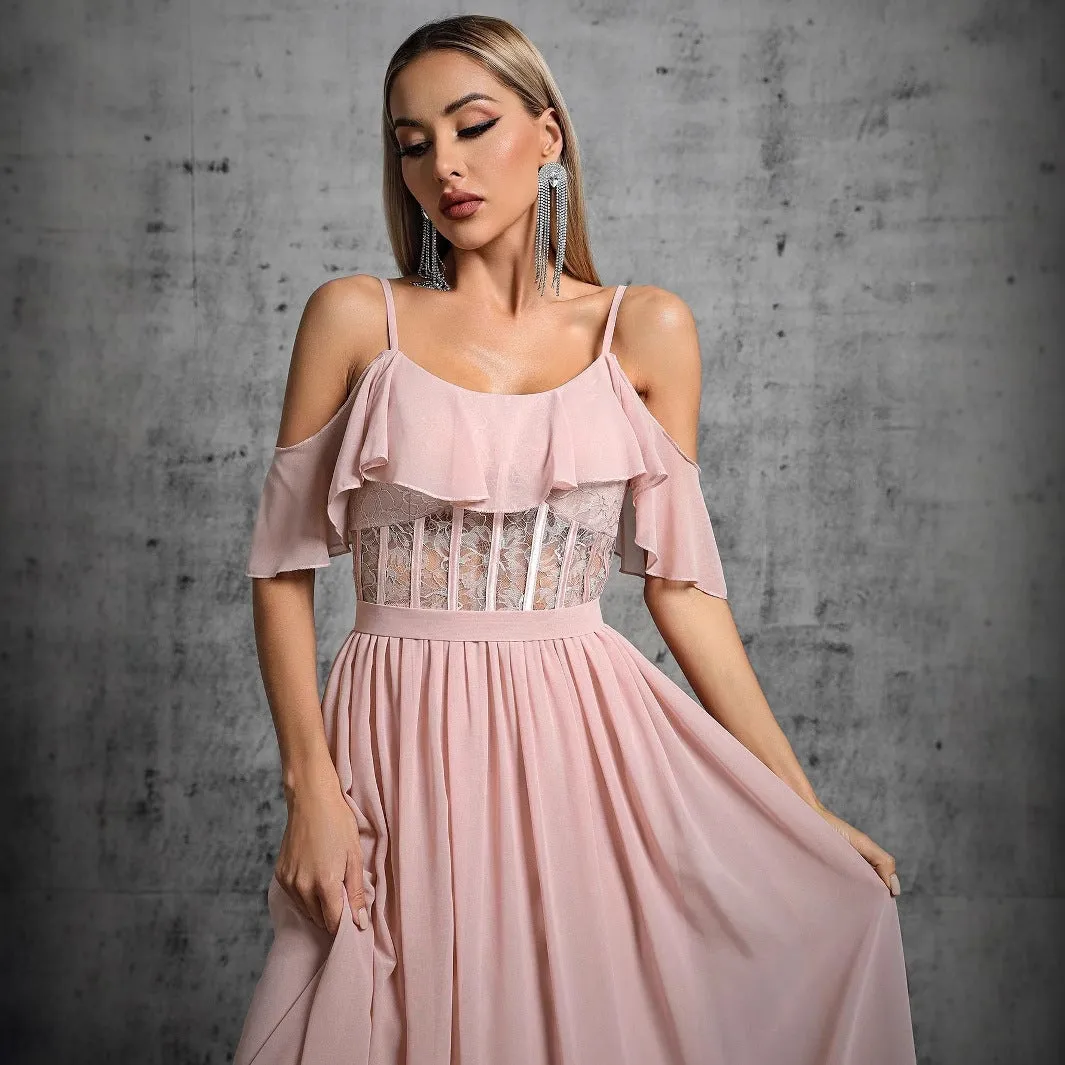 Elegant Ruffle Backless Strap Pink Evening Dress