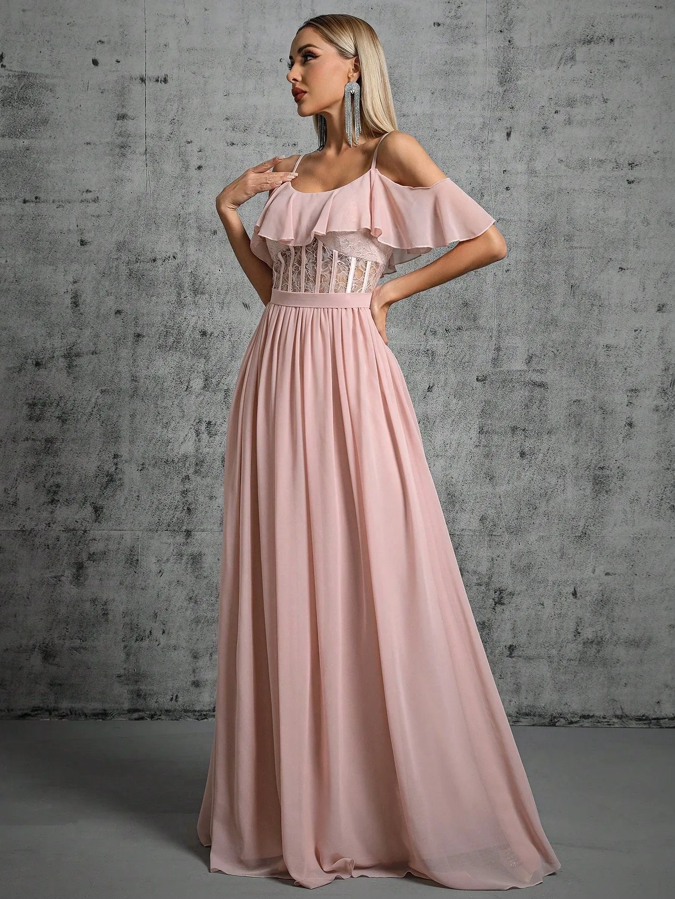 Elegant Ruffle Backless Strap Pink Evening Dress
