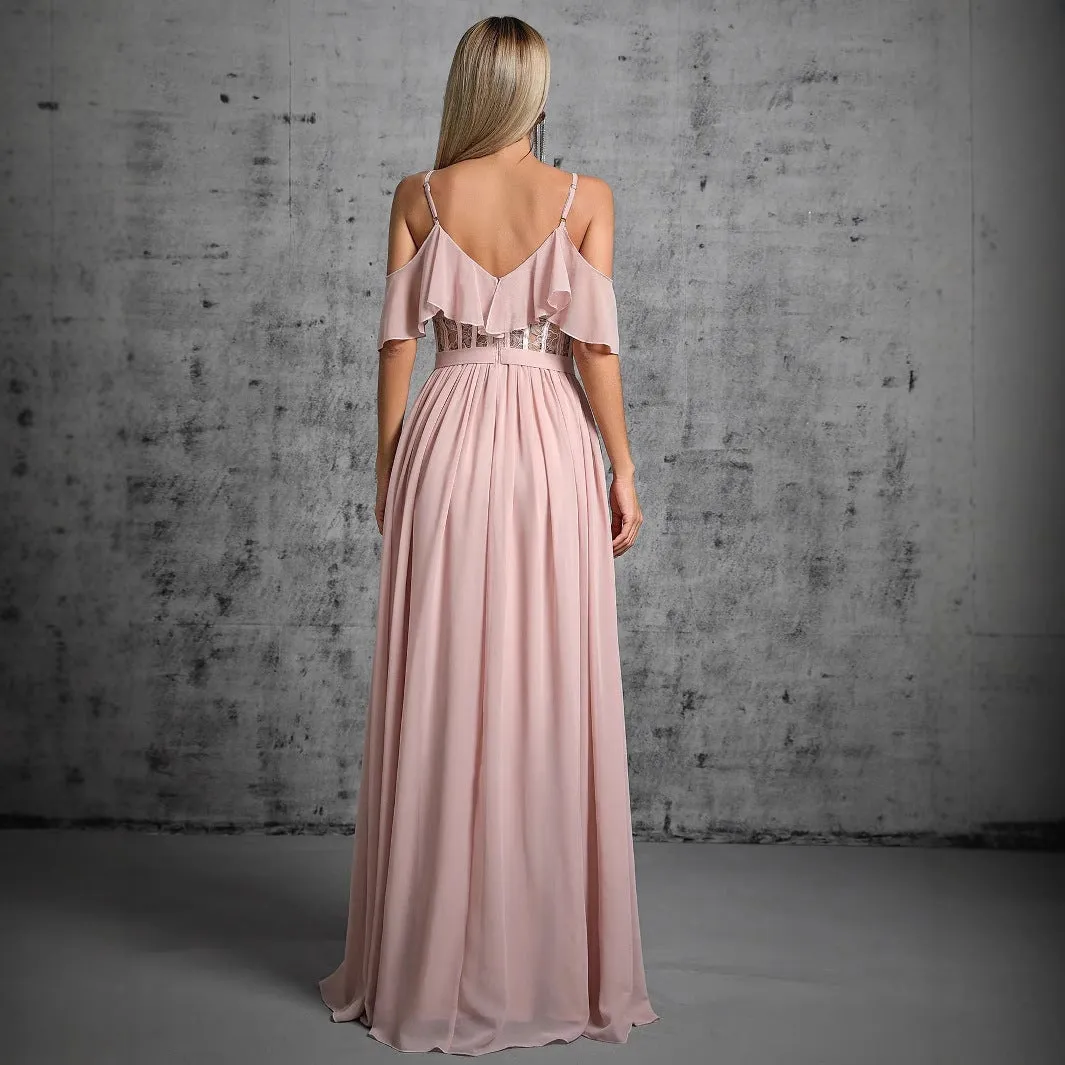 Elegant Ruffle Backless Strap Pink Evening Dress