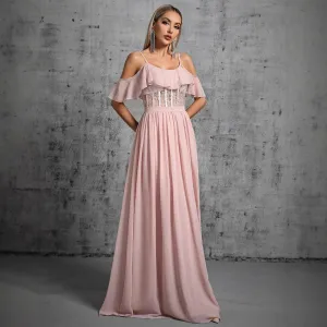Elegant Ruffle Backless Strap Pink Evening Dress