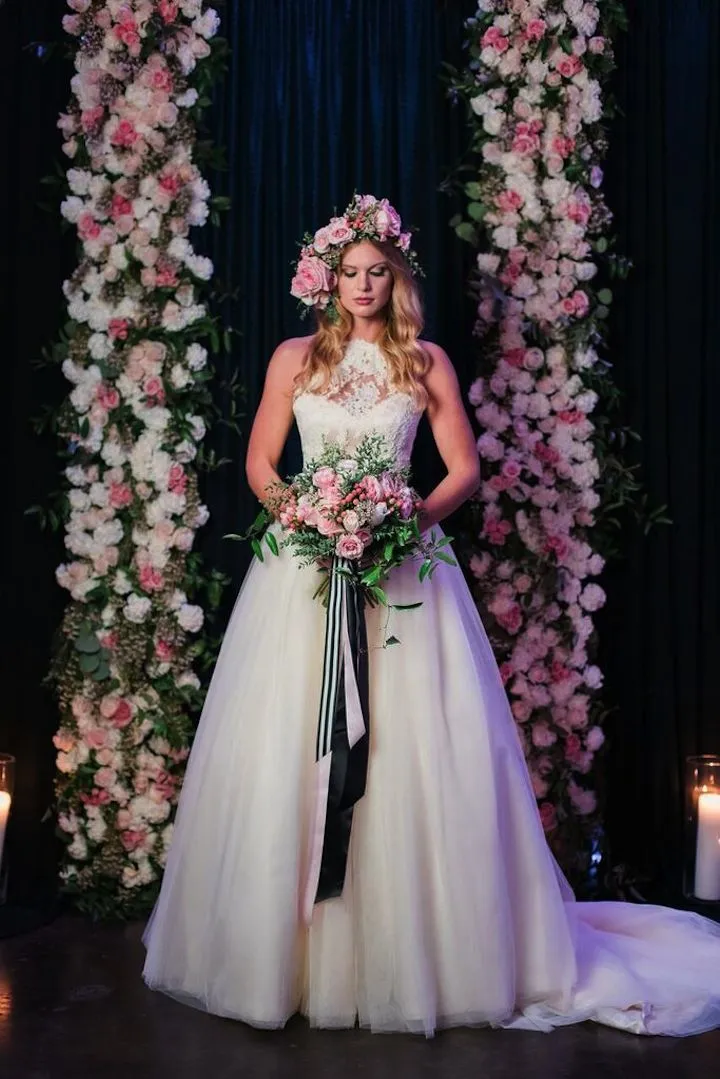 Elegant See Through Lace High Neck Lace Up Back Tulle Wedding Dresses , AB1088