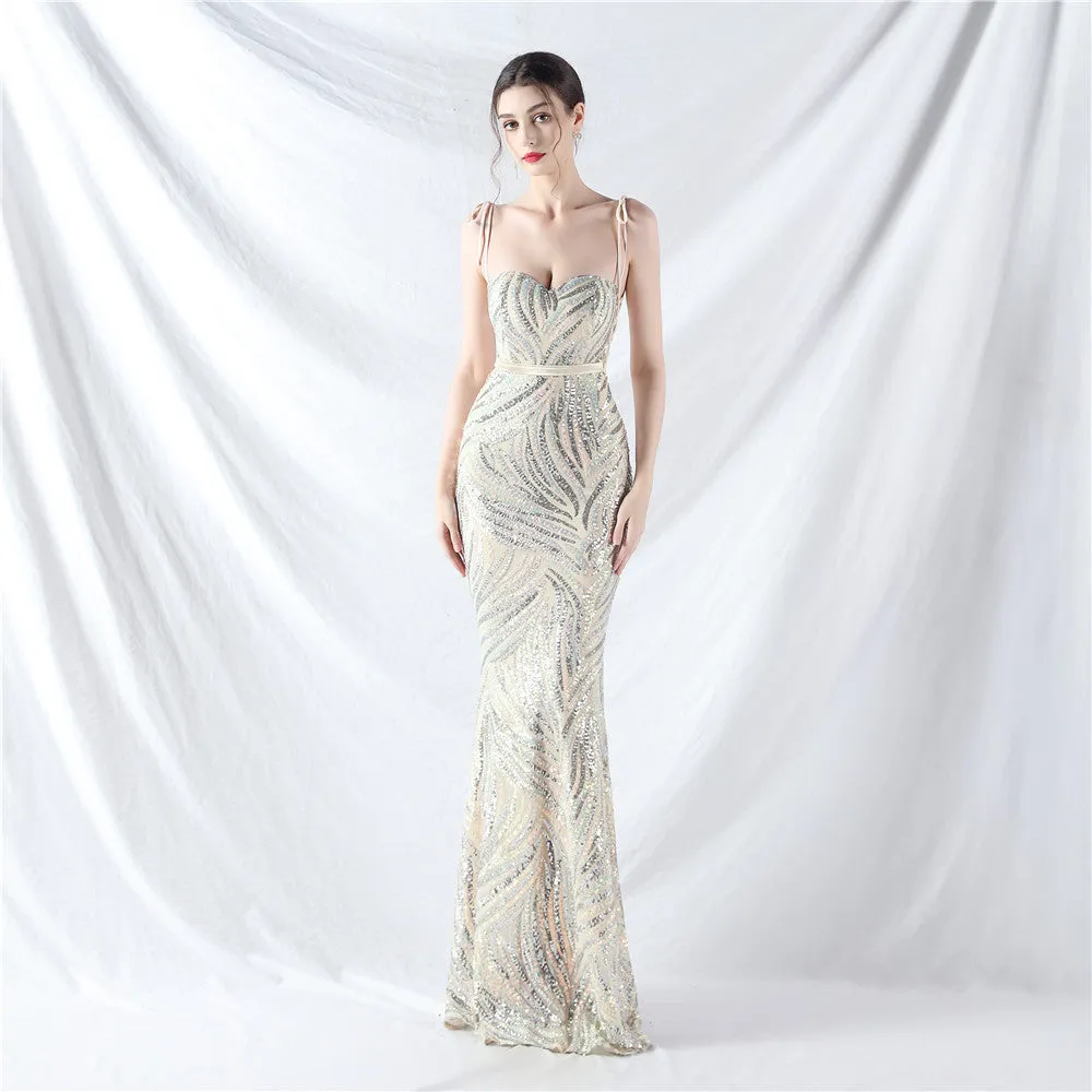 Elegant V-Neck Tube Top Sequin Evening Dress