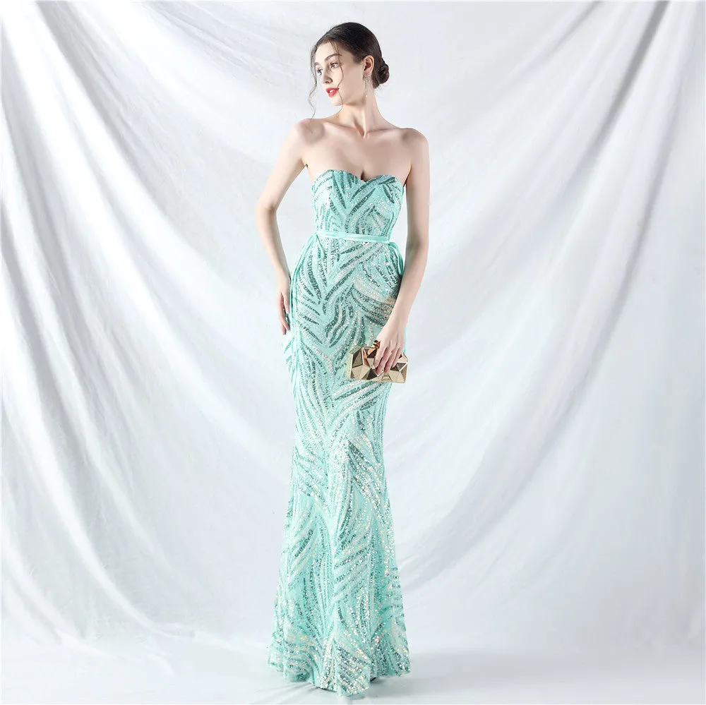 Elegant V-Neck Tube Top Sequin Evening Dress